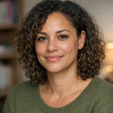 Woman mid-30s with loose curls and medium-brown skin, warm expression