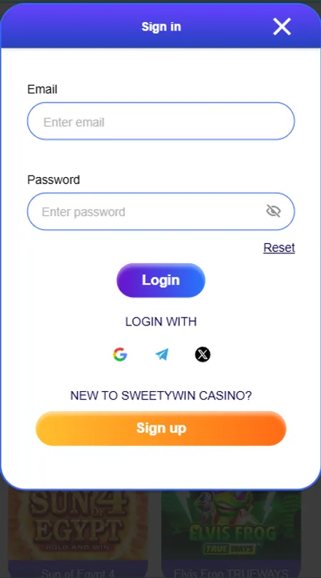 Sweety Win login screen with email and password fields
