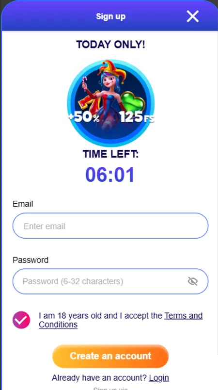 Sweety Win registration screen with email and password fields